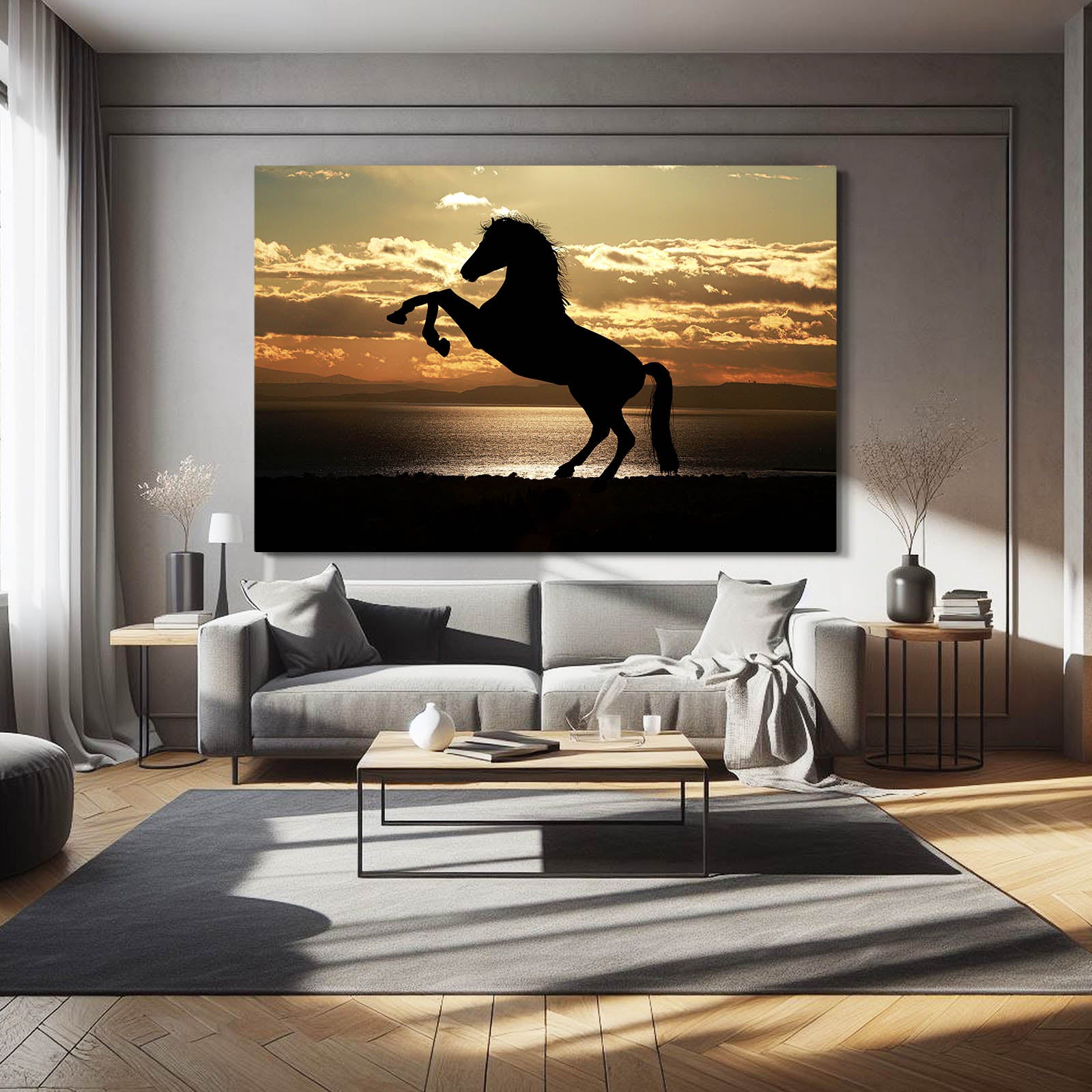 Sunset Rear Silhouette Horse Canvas Art — photography canvas print, styled in a furnished interior