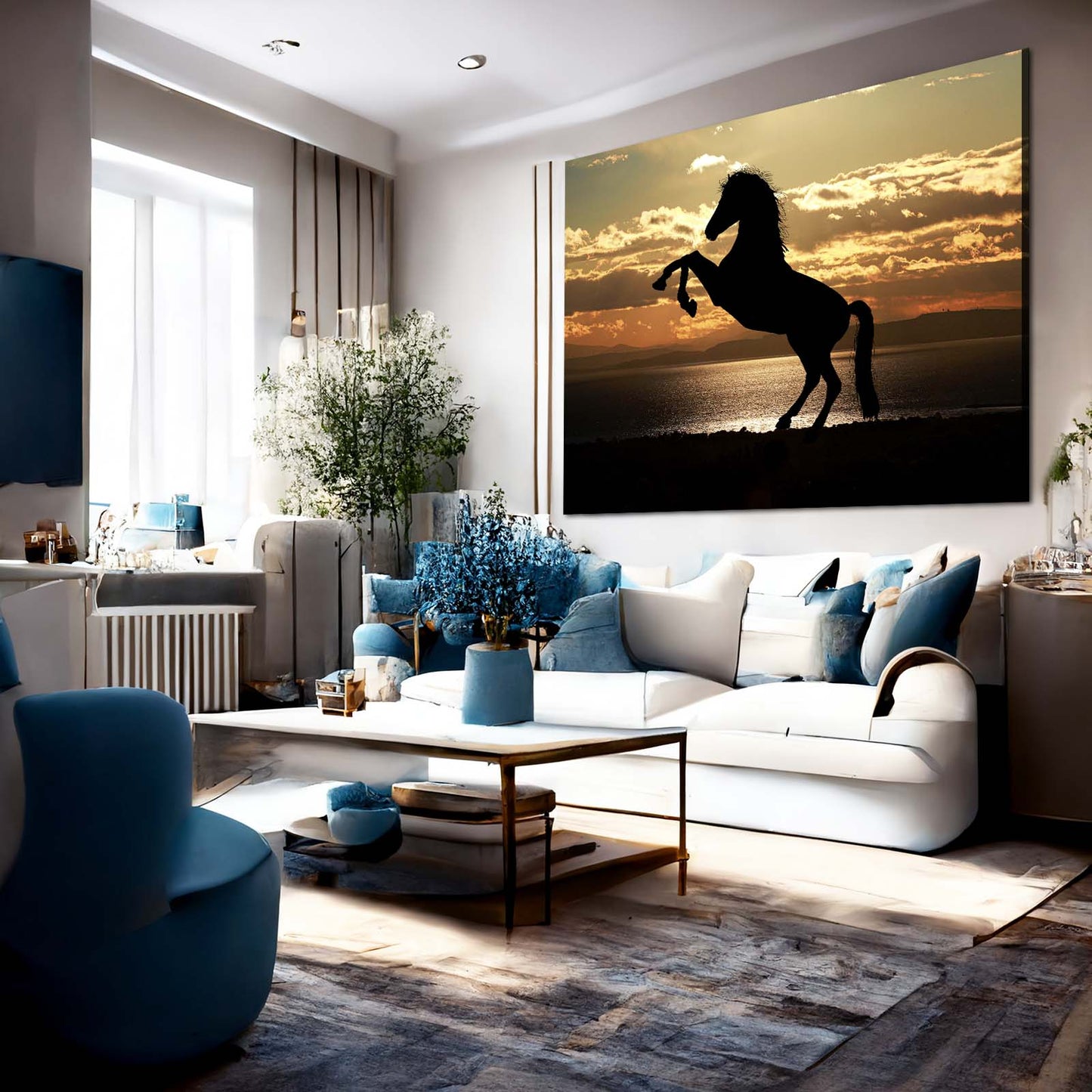 Sunset Rear Silhouette Horse Canvas Art — photography canvas print, styled in a furnished interior