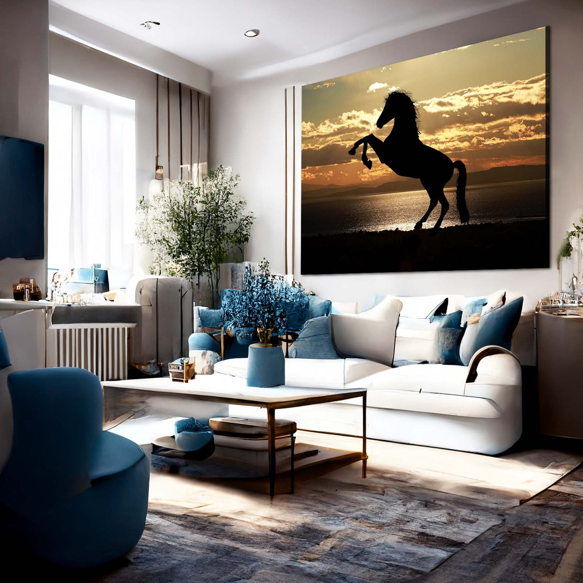 Sunset Rear Silhouette Horse Canvas Art — photography canvas print, styled in a furnished interior