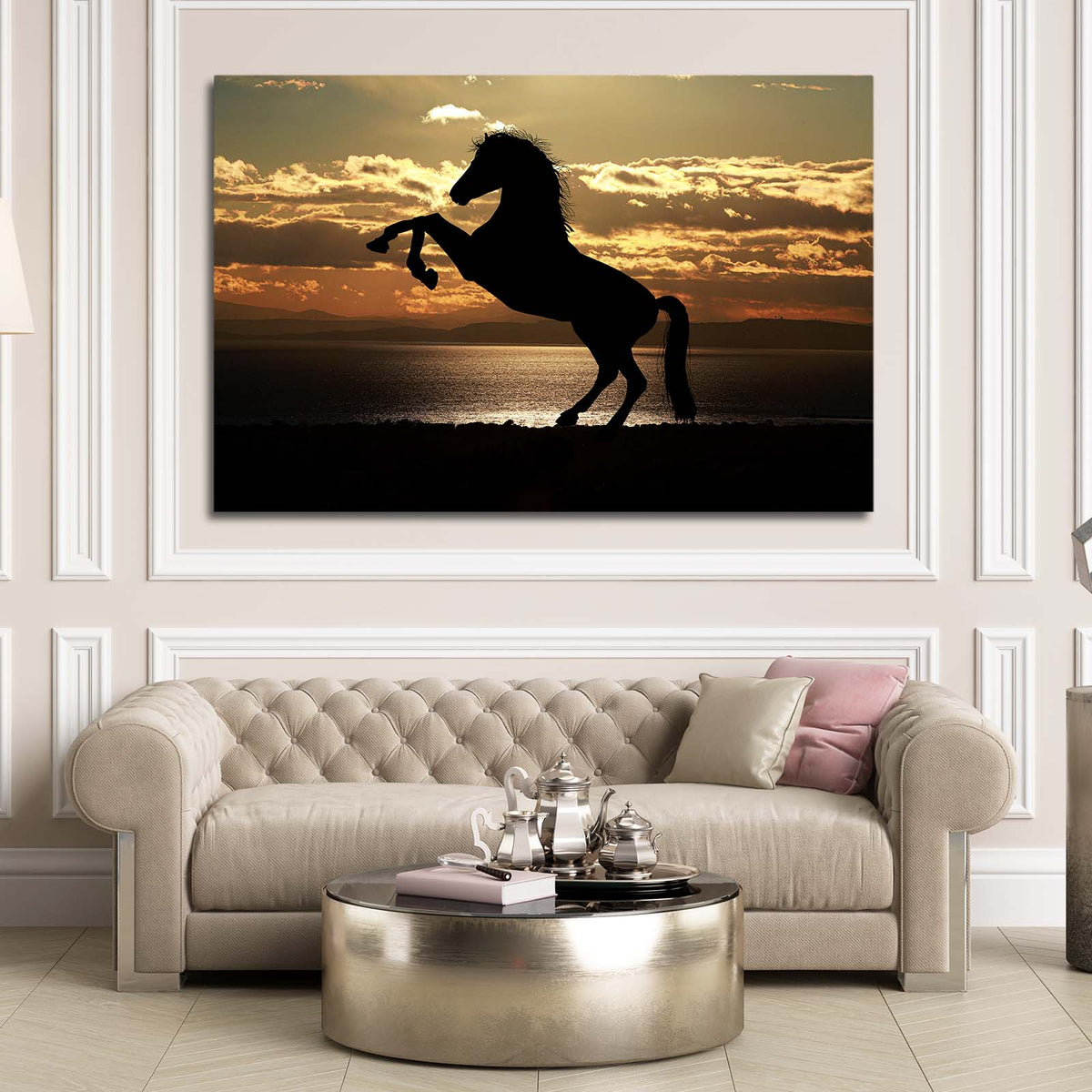 Sunset Rear Silhouette Horse Canvas Art — photography canvas print, styled in a furnished interior