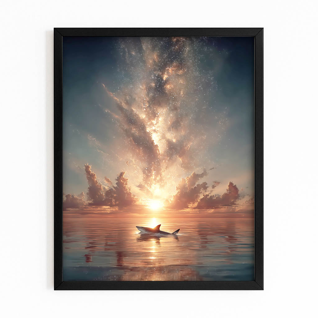 Sunset Sea Eruption Shark Wall Decor – with Premium Black frame on white background