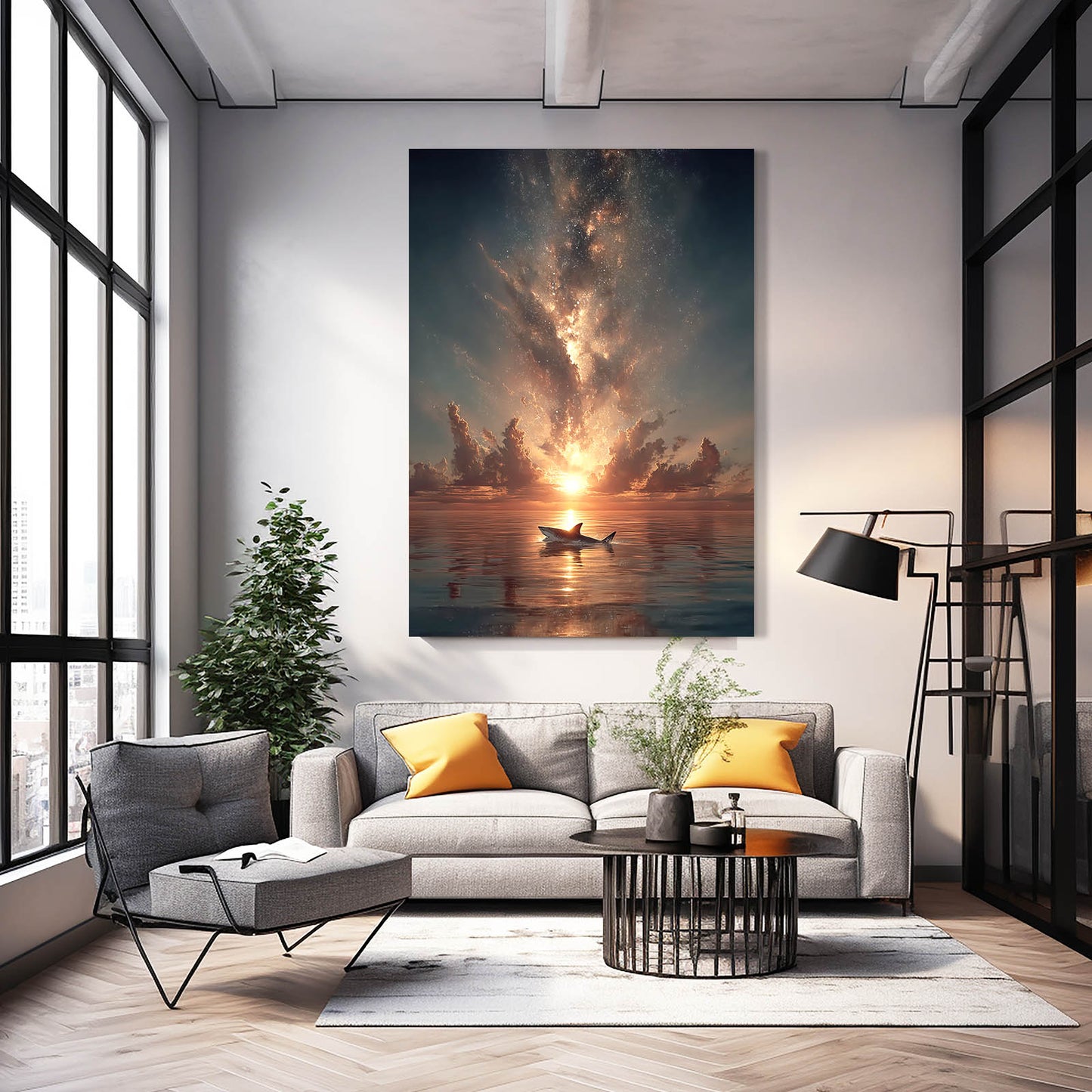Sunset Sea Eruption Shark Wall Decor – styled in a furnished interior