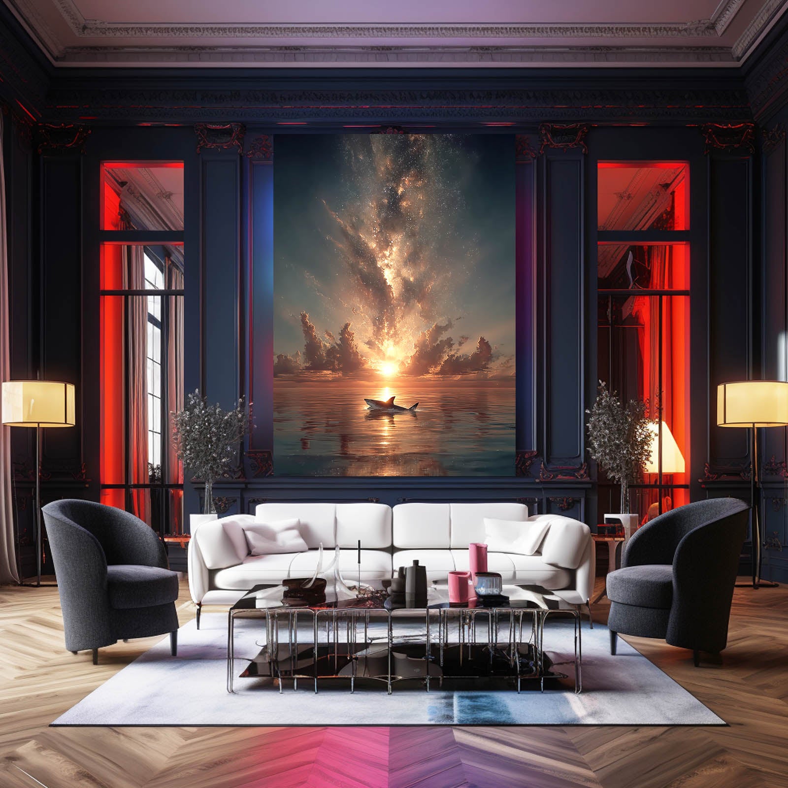 Sunset Sea Eruption Shark Wall Decor – styled in a furnished interior