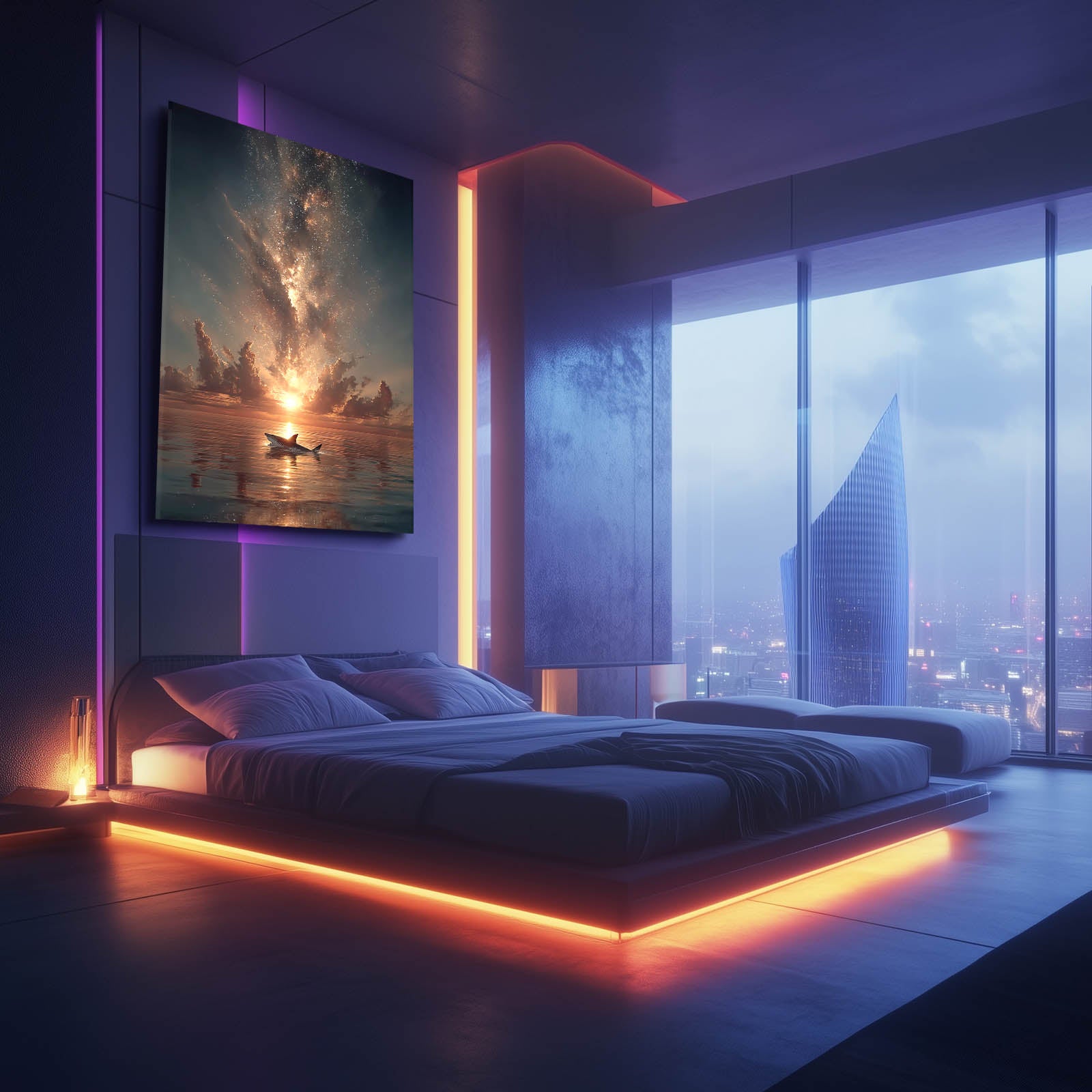 Sunset Sea Eruption Shark Wall Decor – styled in a furnished interior