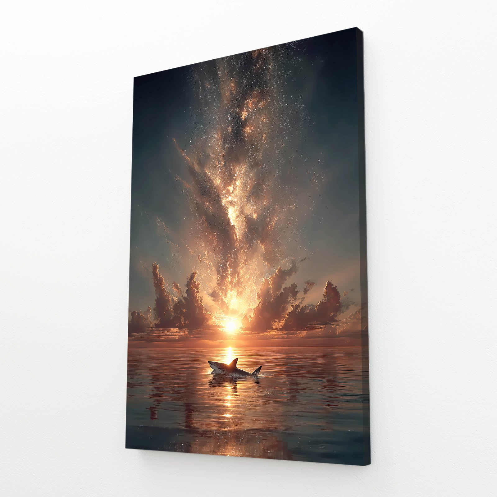 Sunset Sea Eruption Shark Wall Decor – angled canvas view on white background