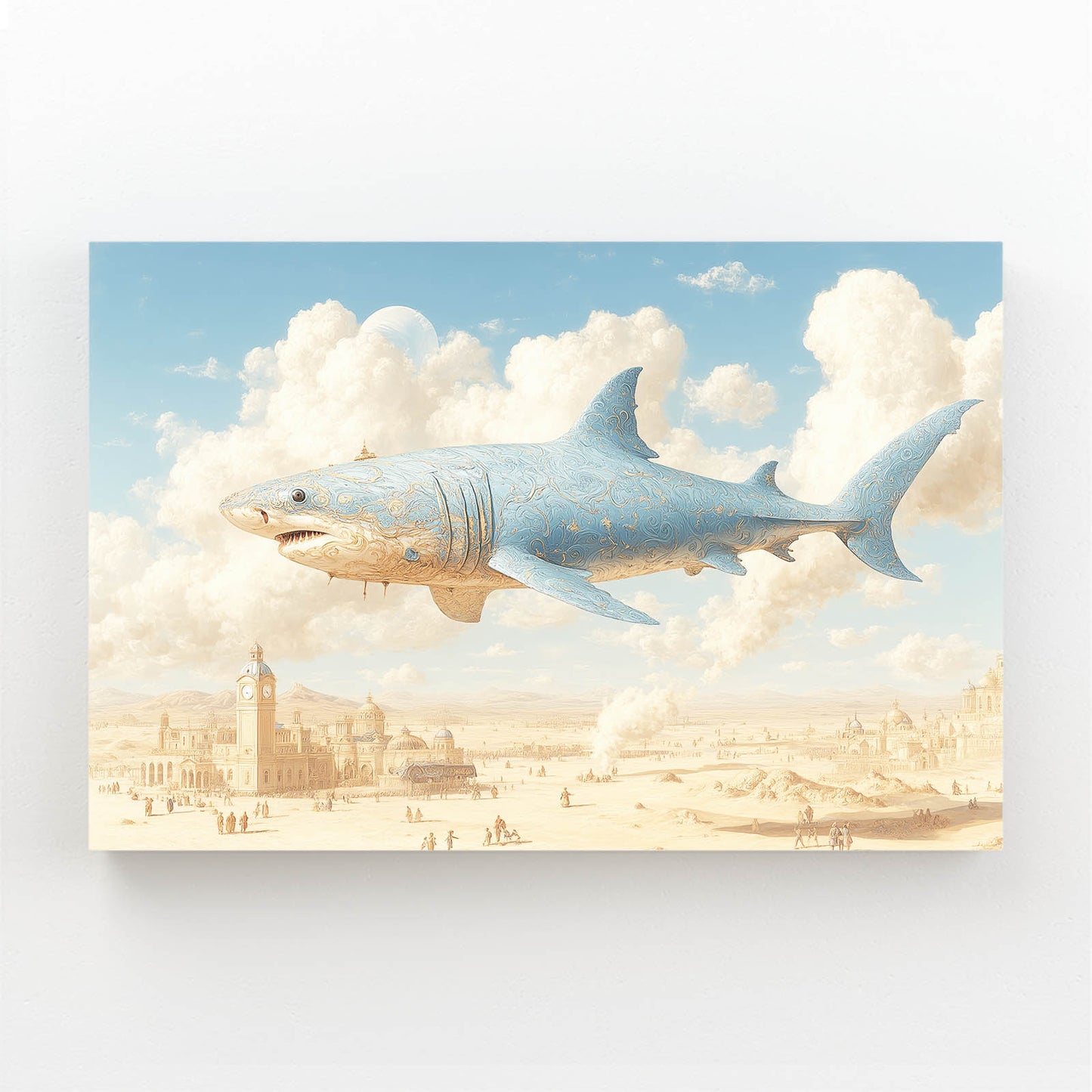 Surreal Flying Shark Art – with Premium Black frame on white background