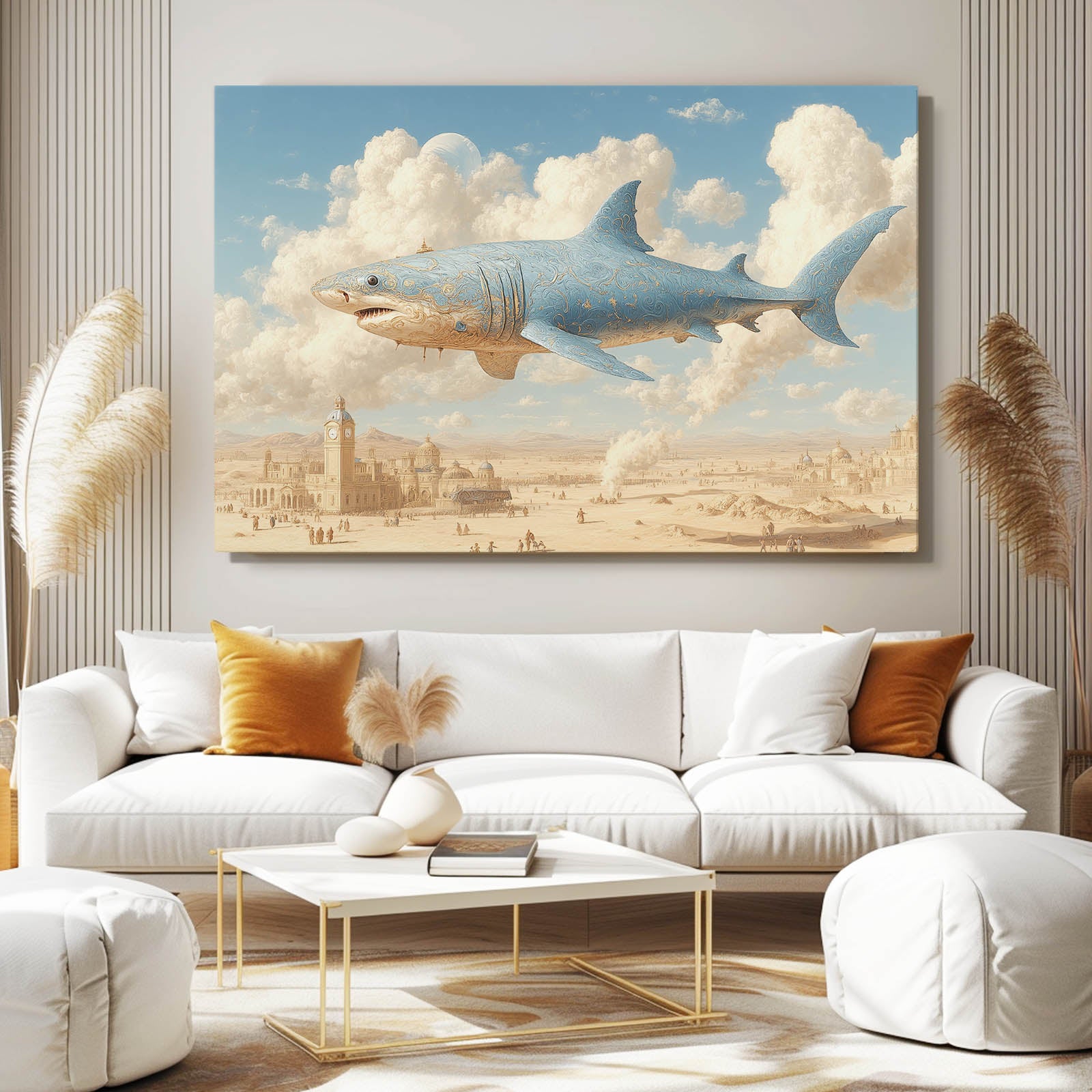 Surreal Flying Shark Art – styled in a furnished interior