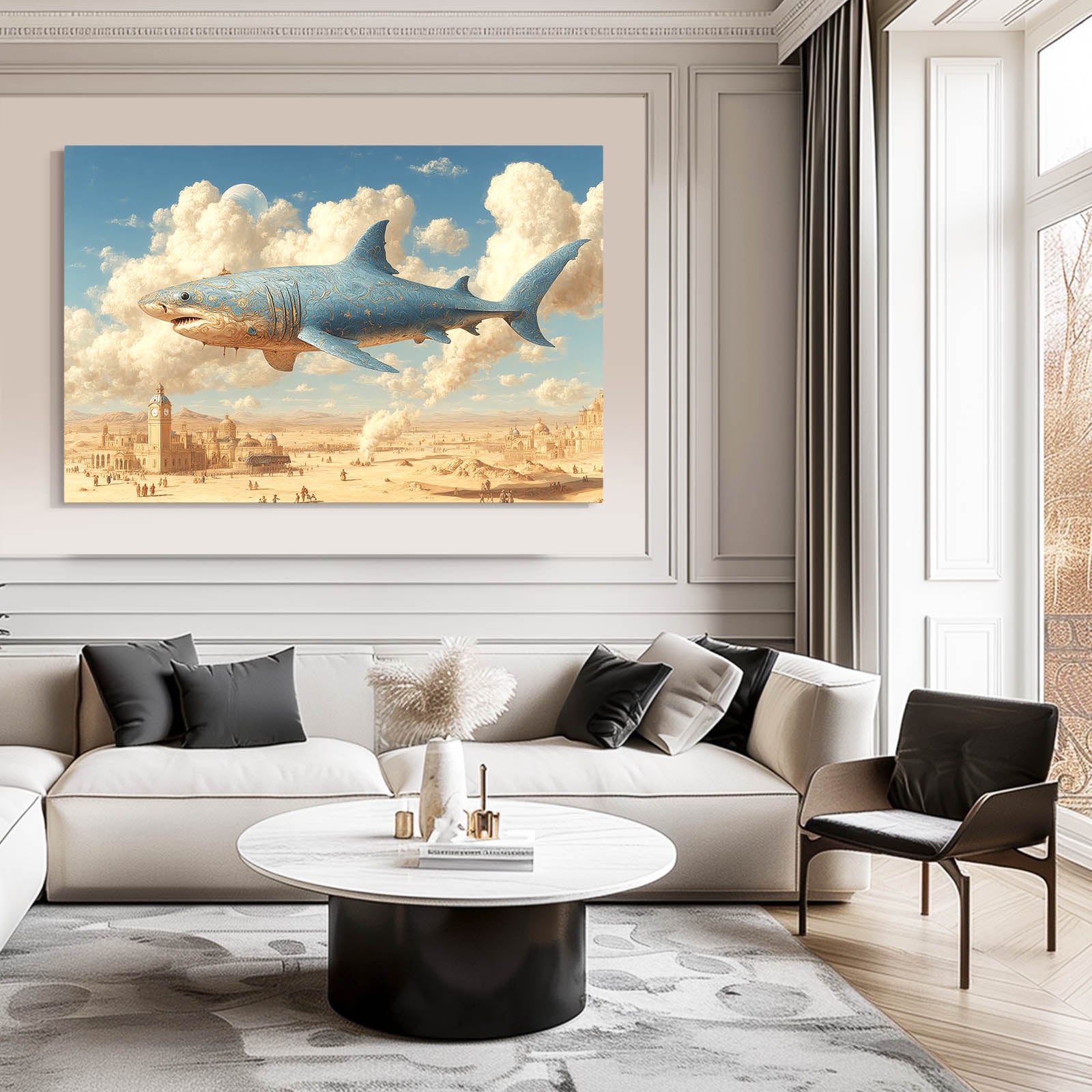 Surreal Flying Shark Art – styled in a furnished interior