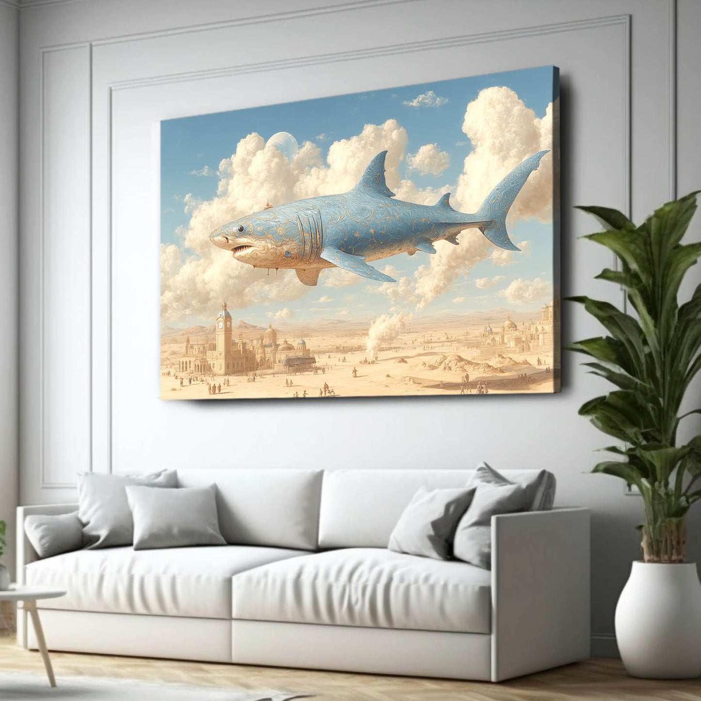 Surreal Flying Shark Art – styled in a furnished interior