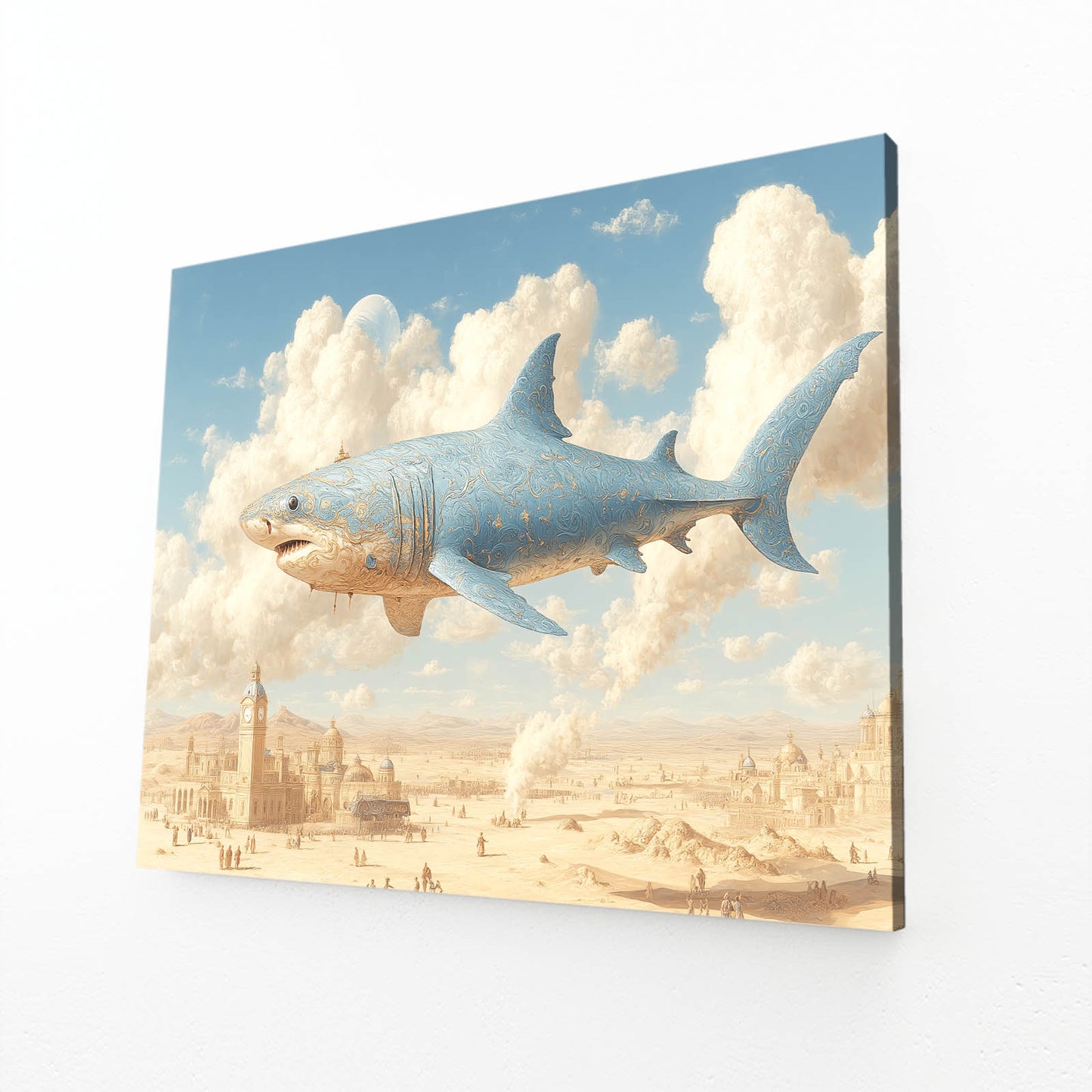 Surreal Flying Shark Art – angled canvas view on white background