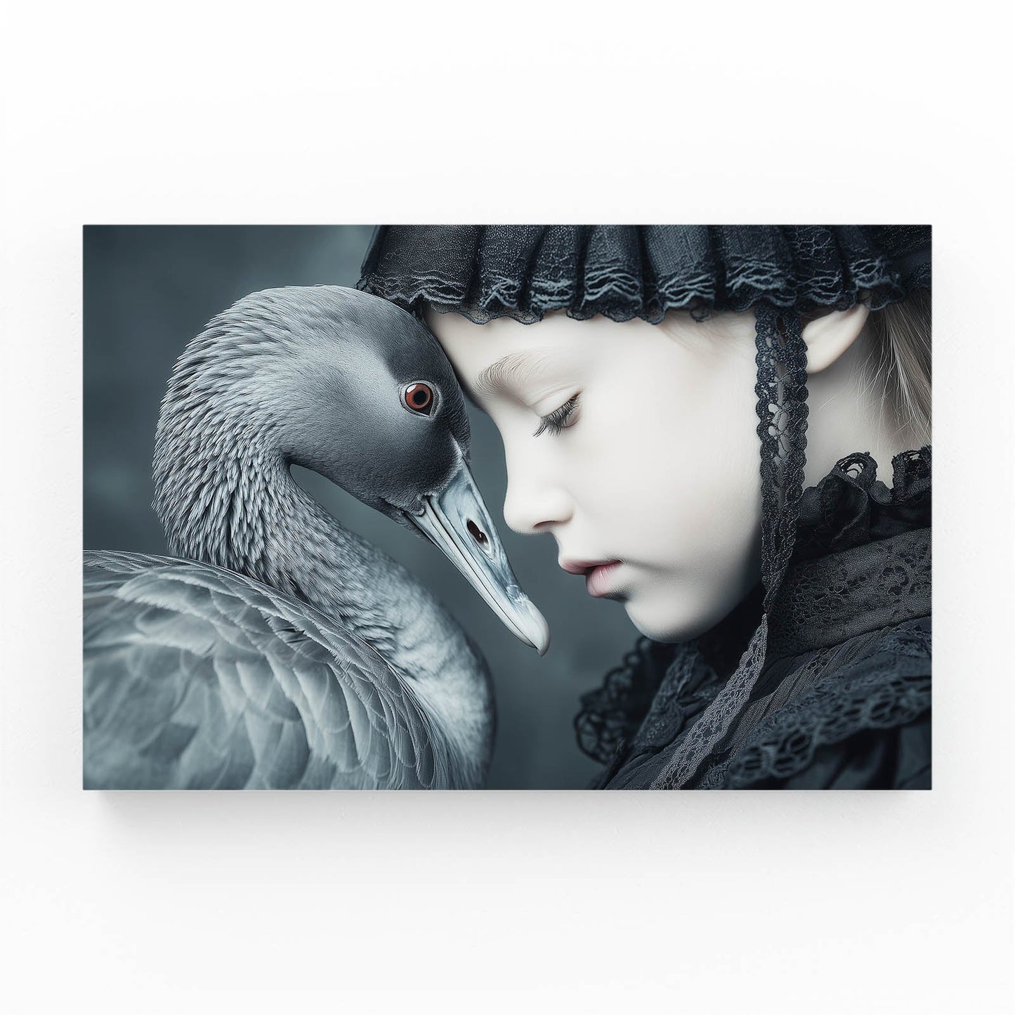 Swan Whisper Photography Wall Art – girl and swan close together, ethereal monochrome