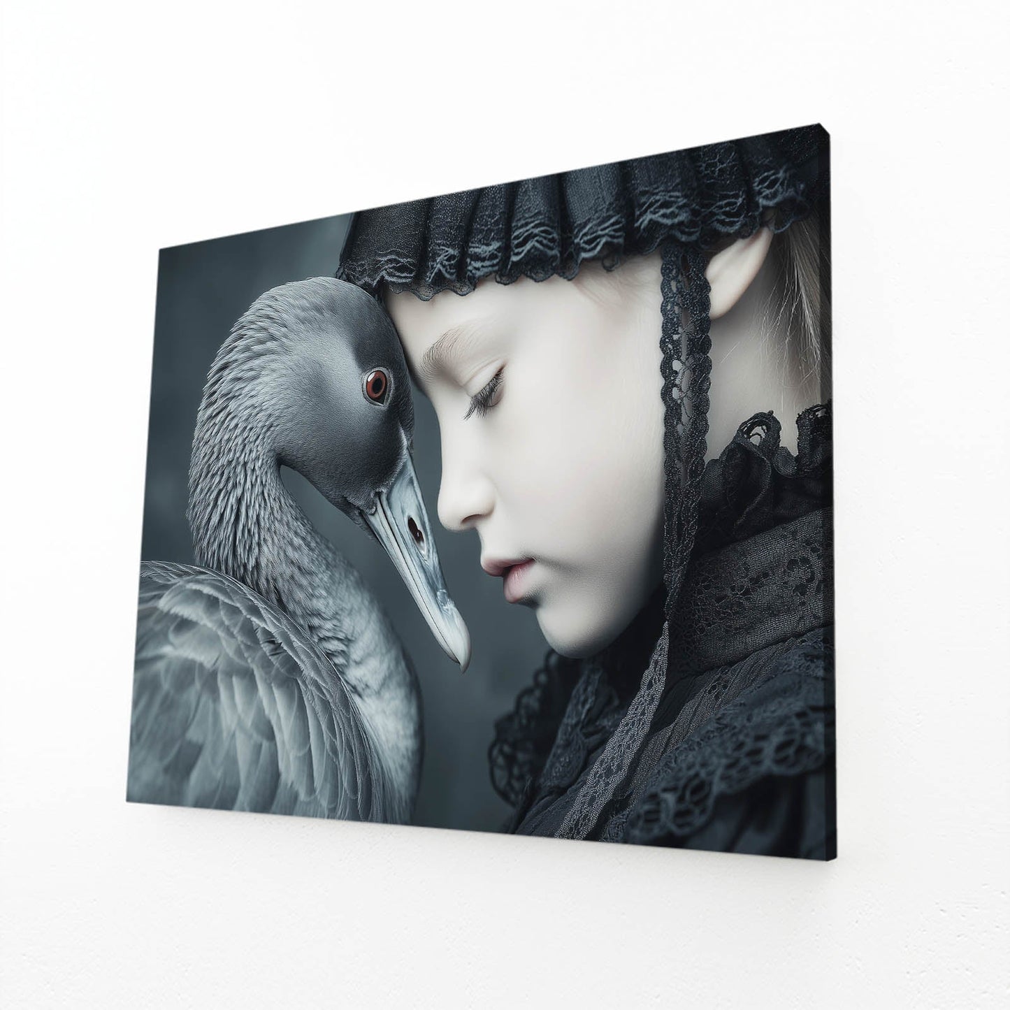 Swan Whisper Photography Wall Art – angled canvas view on white background