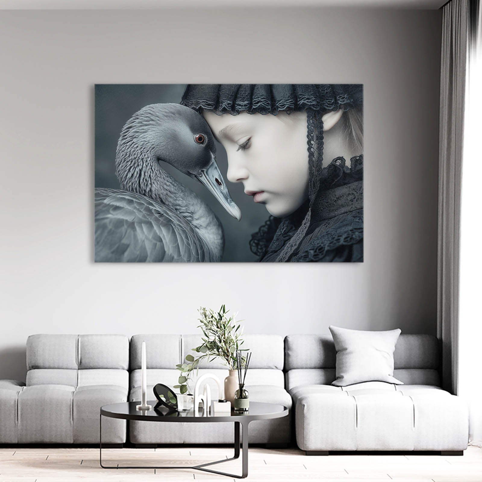 Swan Whisper Photography Wall Art – above a white sofa with glass table