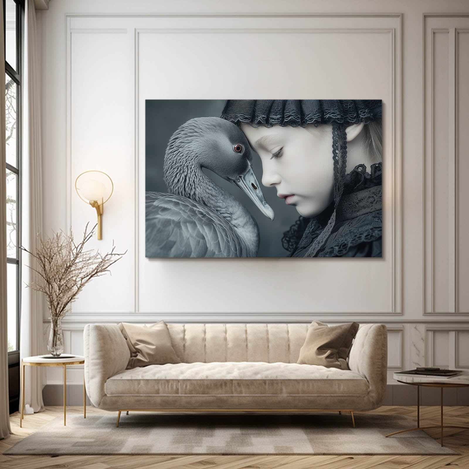 Swan Whisper Photography Wall Art – above a cream sofa in a panelled room