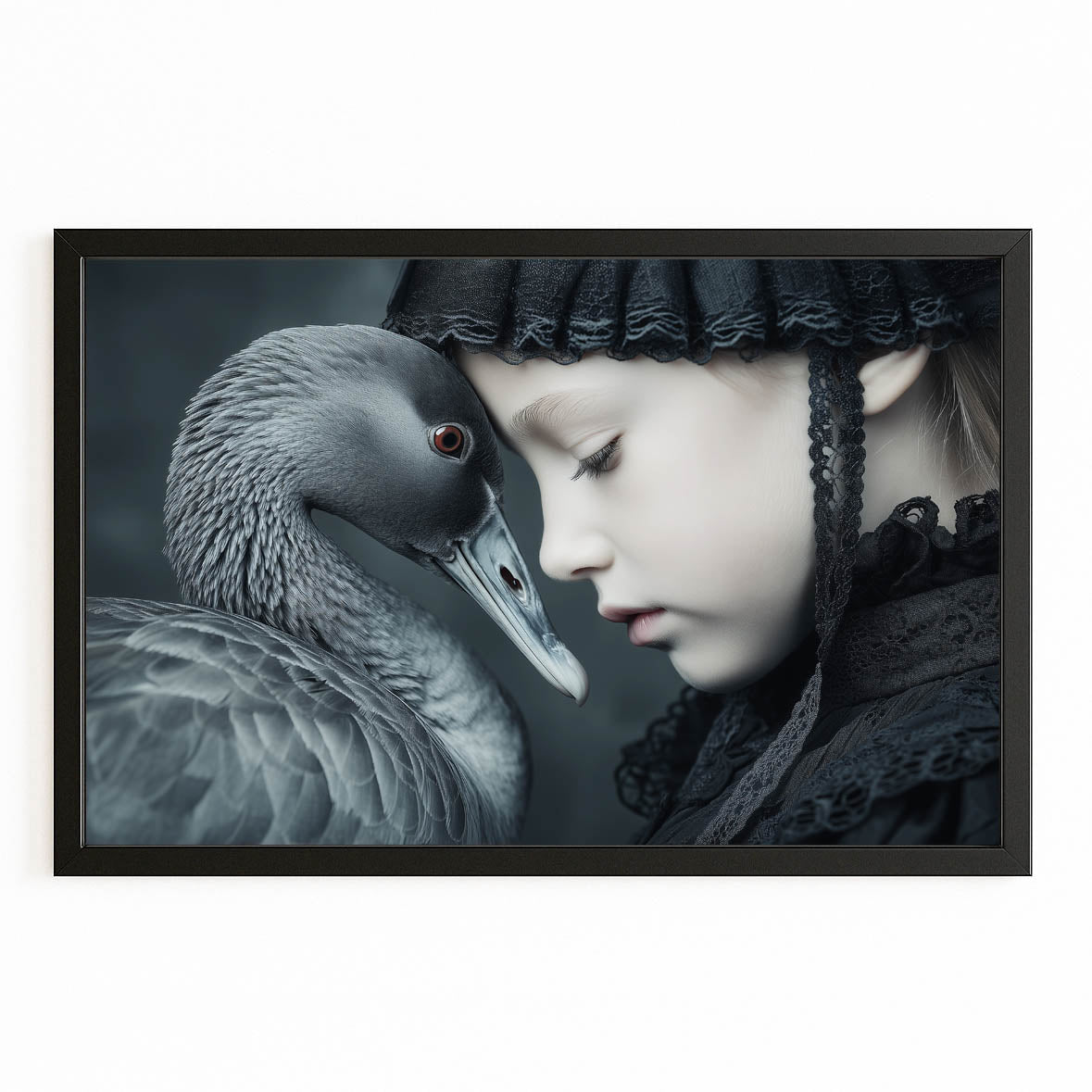 Swan Whisper Photography Wall Art — photography canvas print, with Premium Black frame on white background