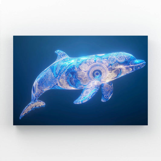 Swirl Glow Dolphin Art – dolphin covered in glowing swirl patterns drifting in deep blue light