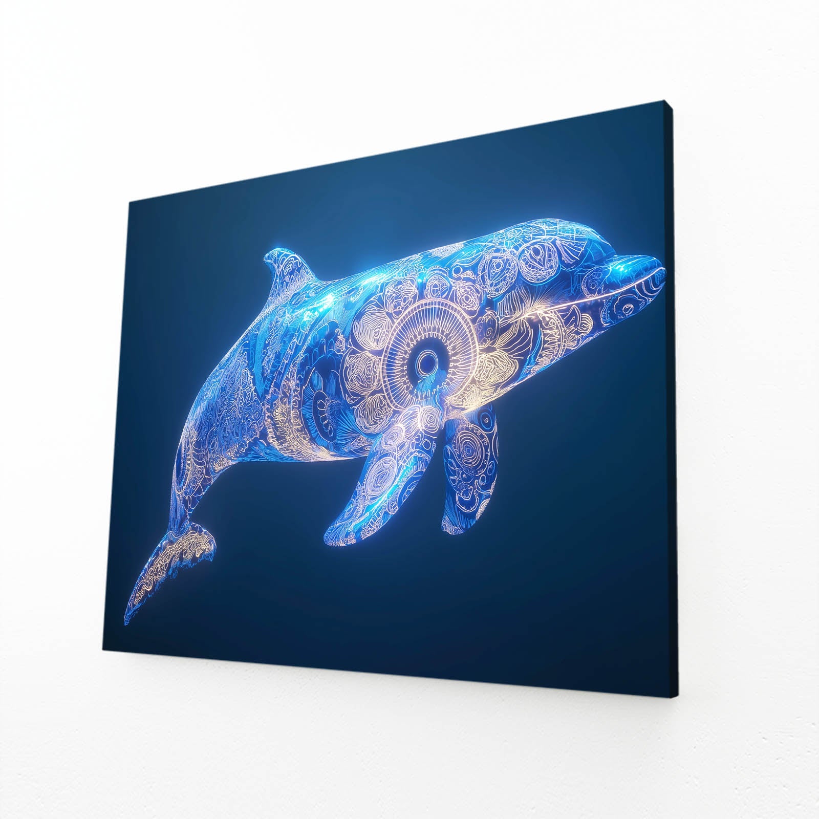 Swirl Glow Dolphin Art – angled canvas view on white background