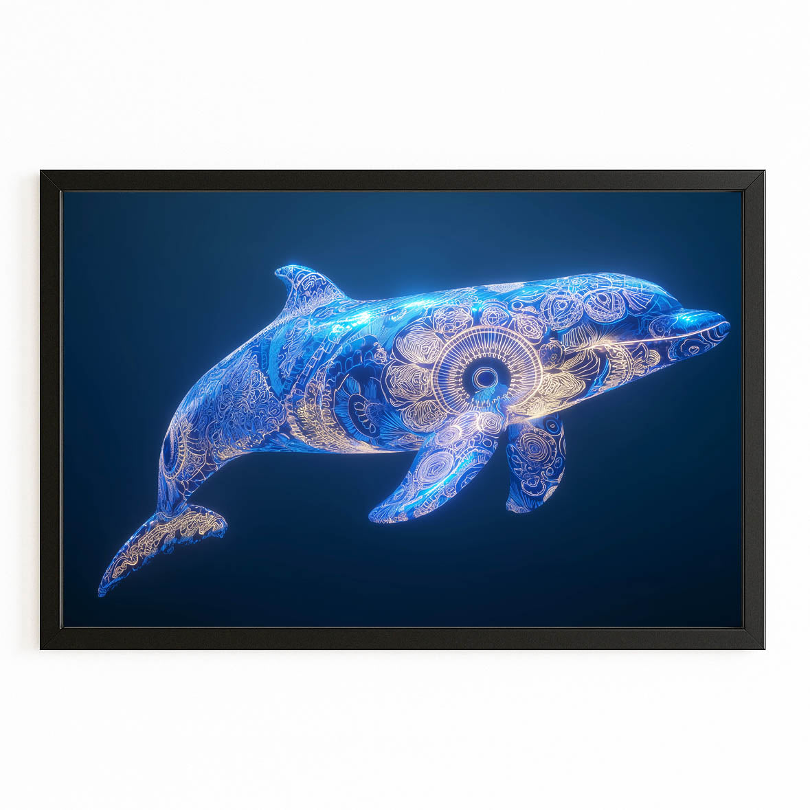 Swirl Glow Dolphin Art – with Premium Black wood frame on white background