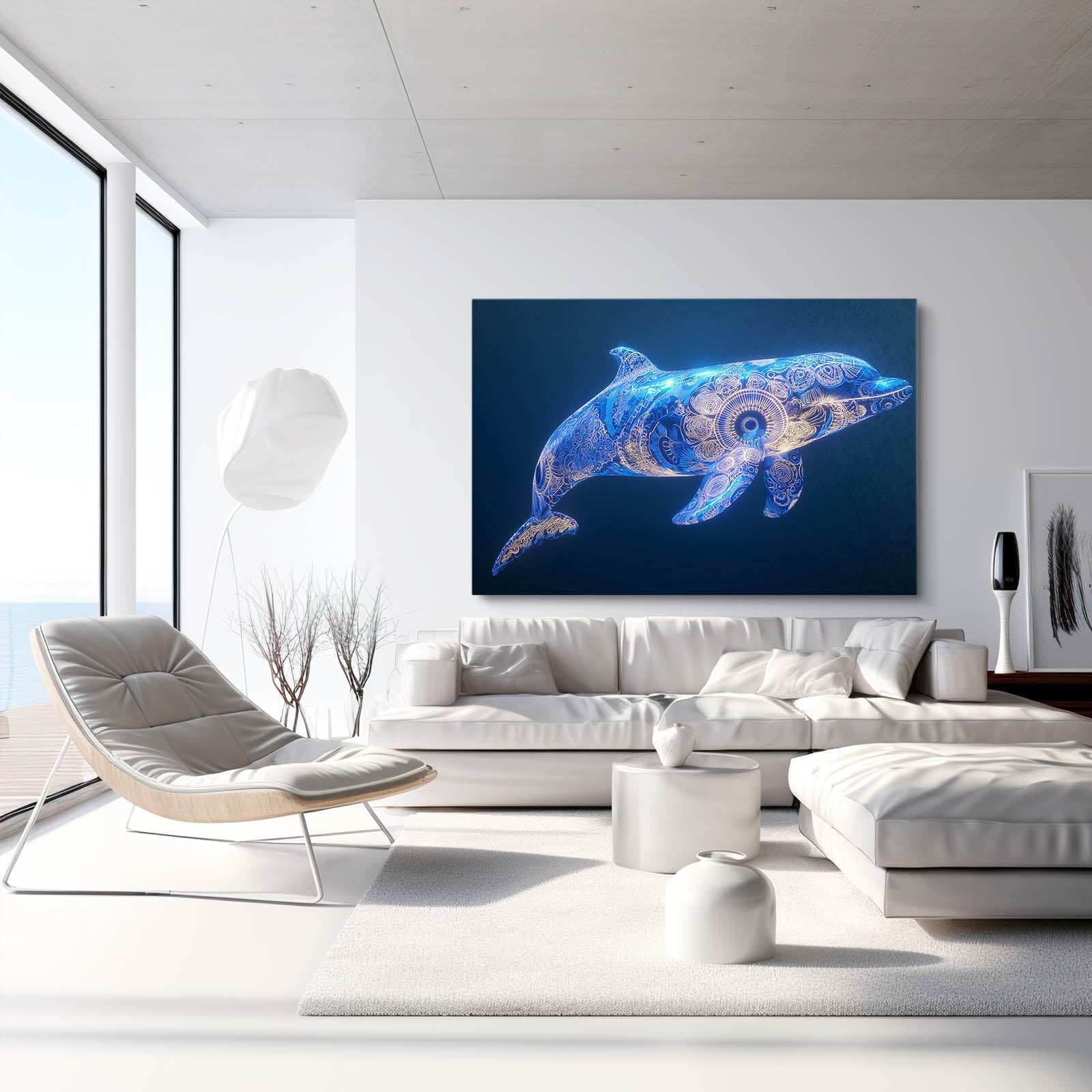 Swirl Glow Dolphin Art – styled in a furnished interior