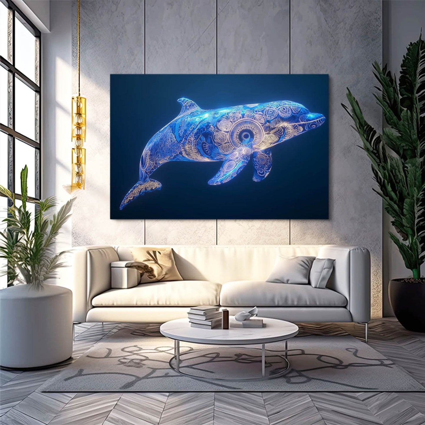 Swirl Glow Dolphin Art – styled in a furnished interior