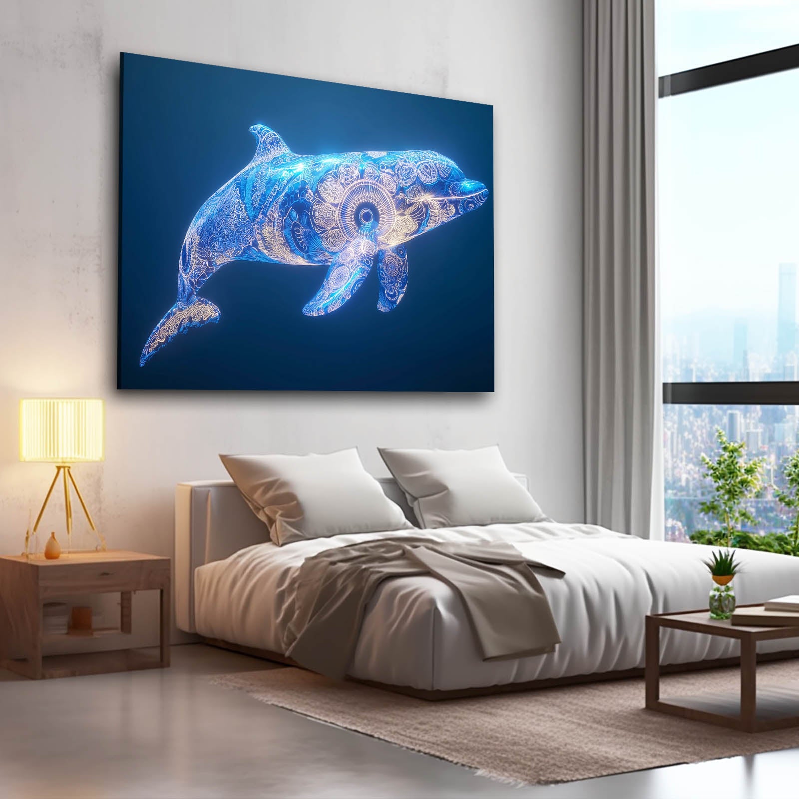Swirl Glow Dolphin Art – styled in a furnished interior