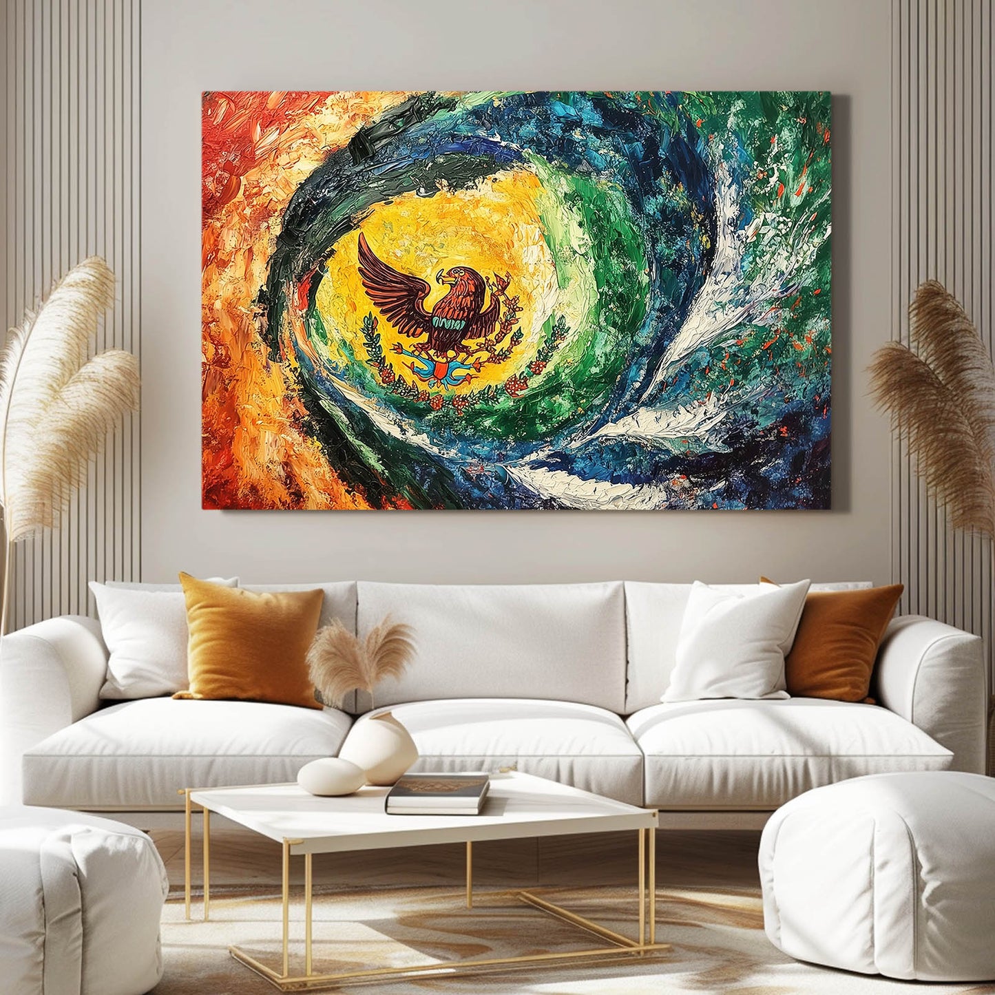 Swirling Eagle Vortex Mexican Wall Decor — abstract canvas print, styled in a furnished interior
