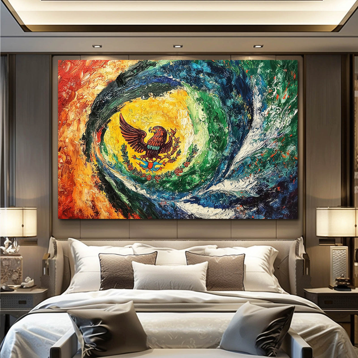 Swirling Eagle Vortex Mexican Wall Decor — abstract canvas print, styled in a furnished interior