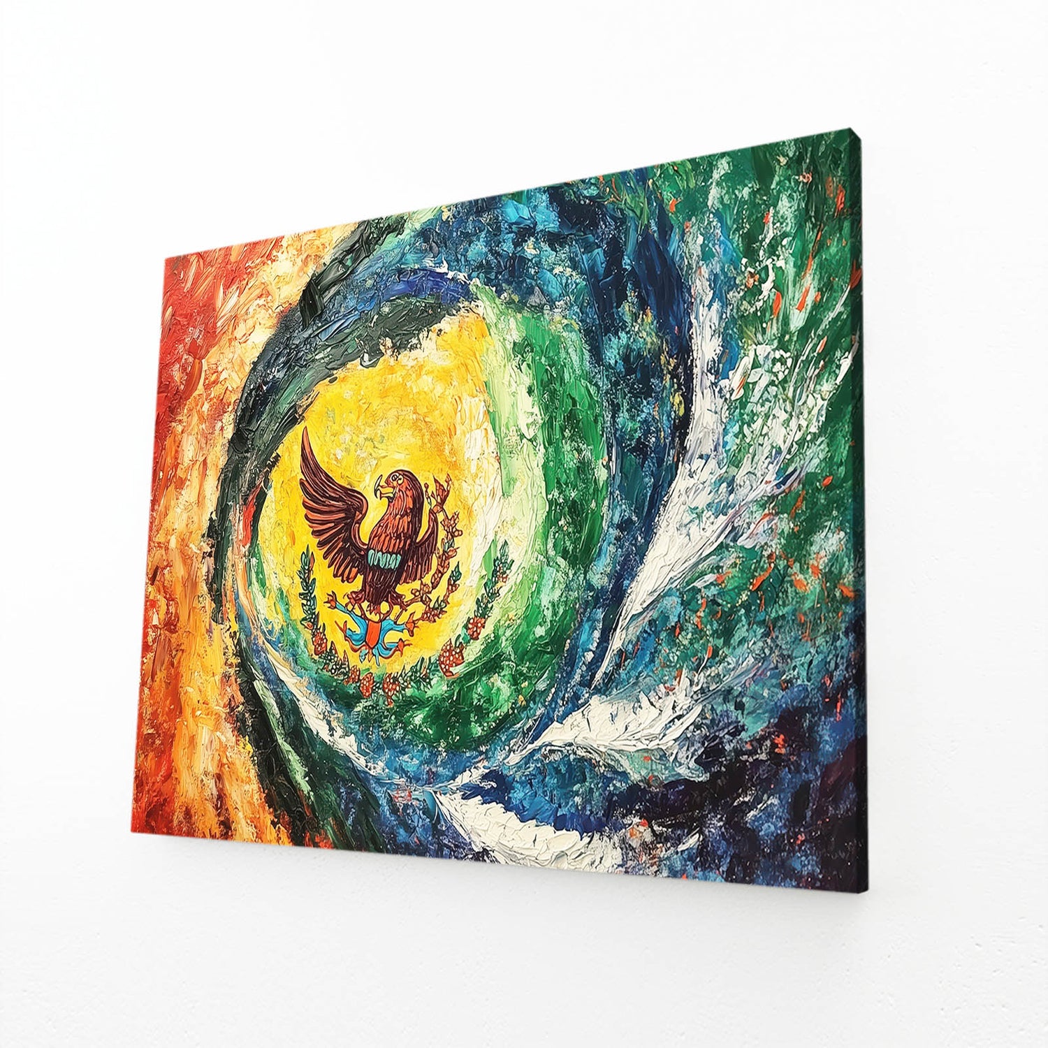 Swirling Eagle Vortex Mexican Wall Decor — abstract canvas print, angled canvas view on white background