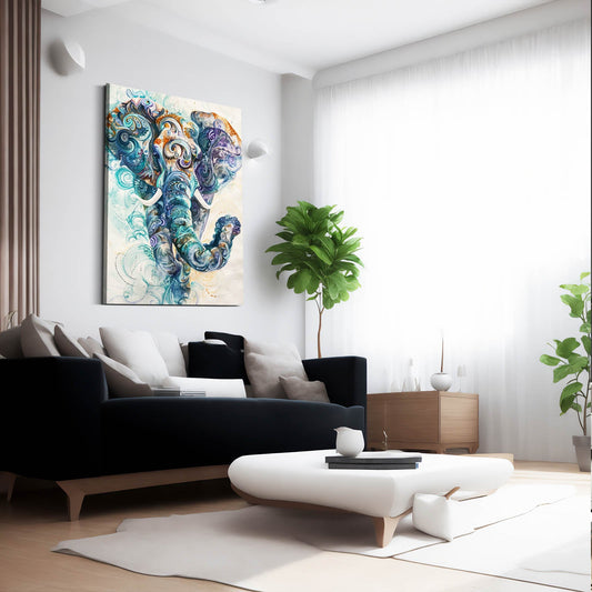 Swirling Pattern Elephant Art — abstract canvas print in blue tones, view 3