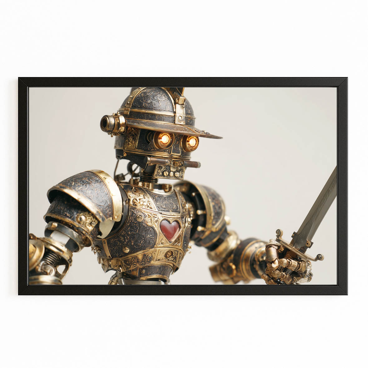 Sword Knight Automaton Steampunk Prints – with Premium Black frame on white background