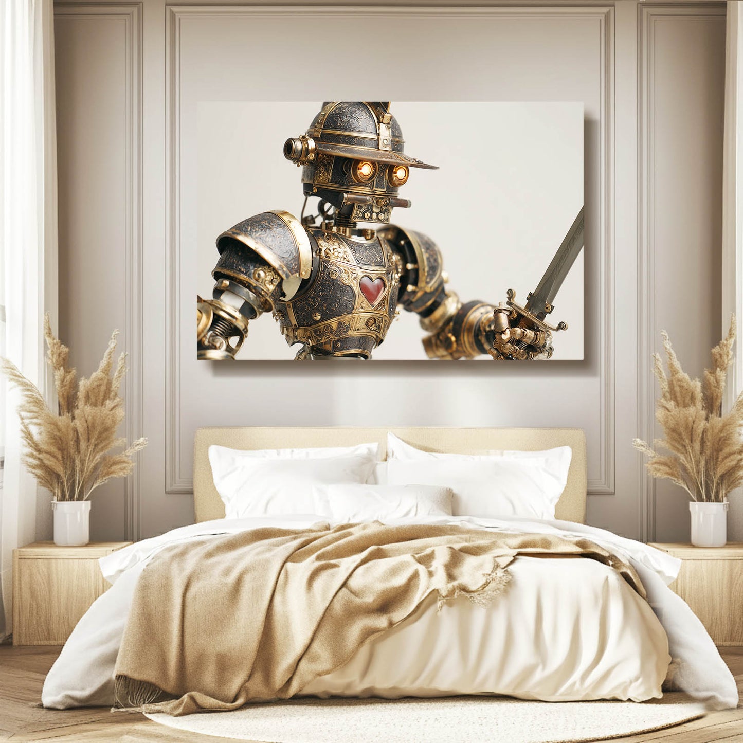 Sword Knight Automaton Steampunk Prints – styled in a furnished interior