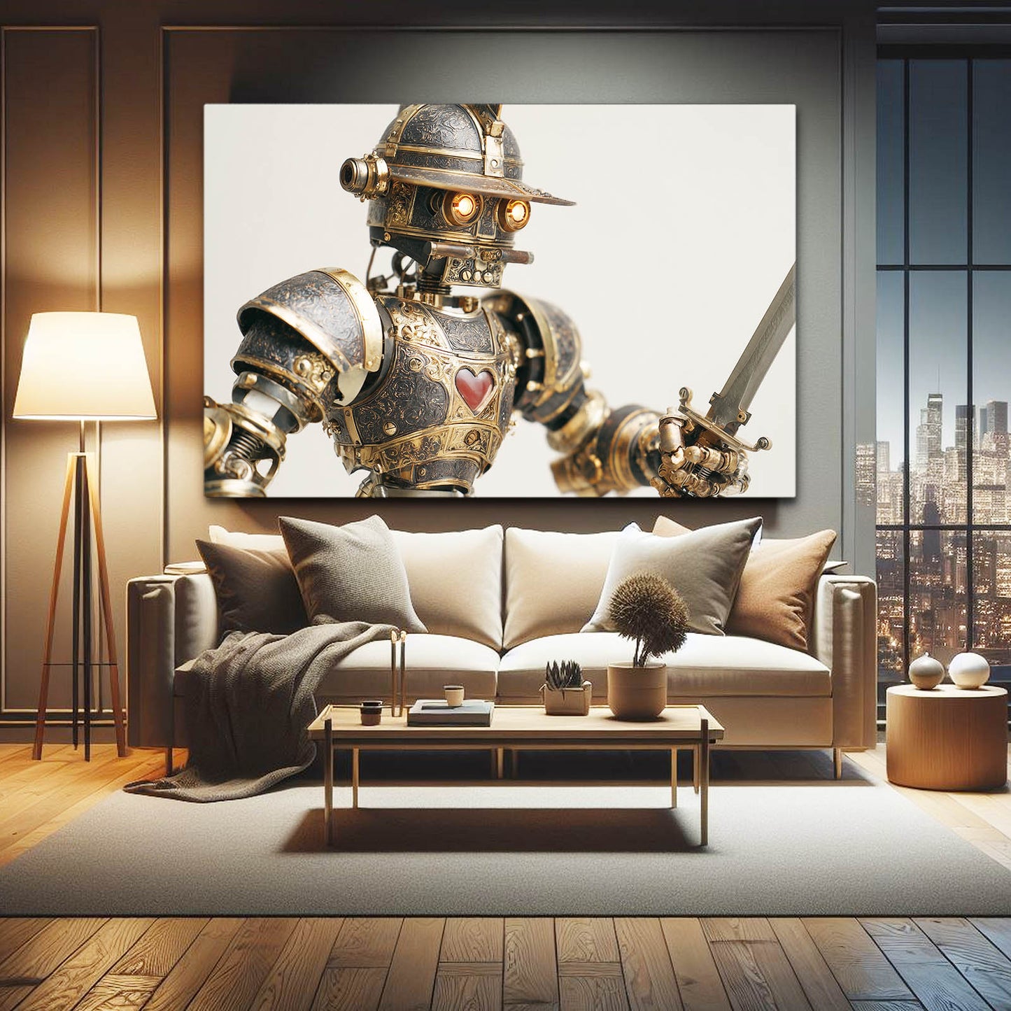 Sword Knight Automaton Steampunk Prints – styled in a furnished interior