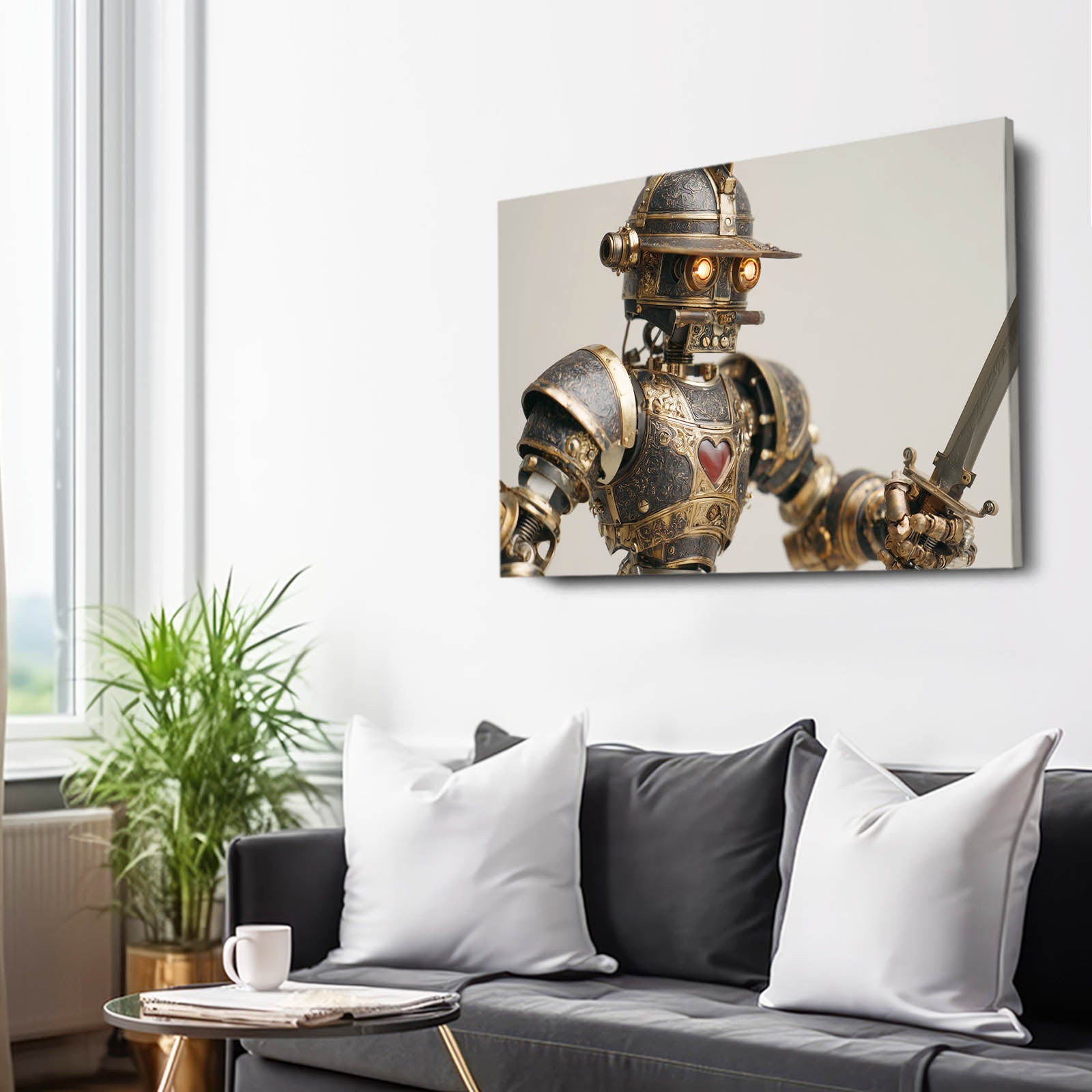 Sword Knight Automaton Steampunk Prints – styled in a furnished interior