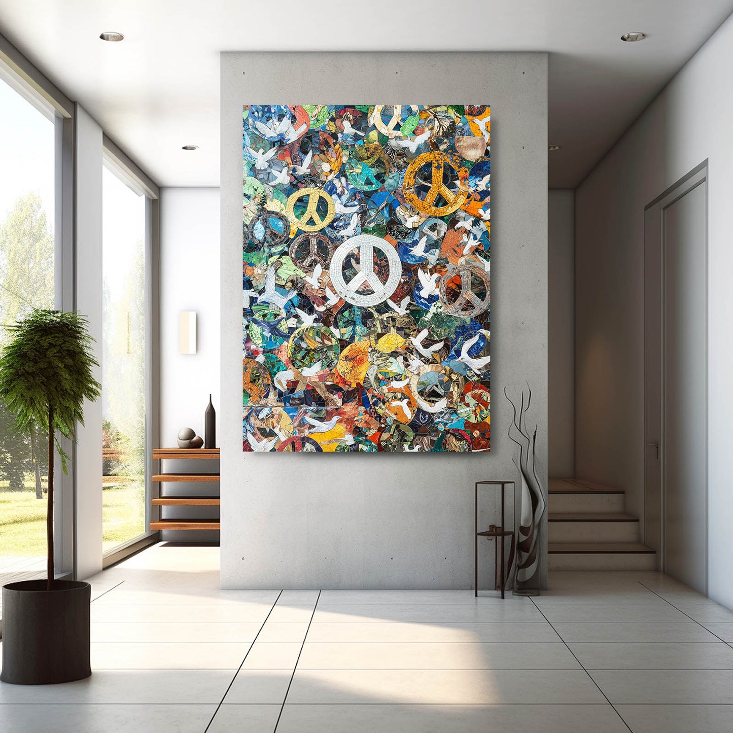 Symbols Of Unity Collage Peace Prints – styled in a furnished interior