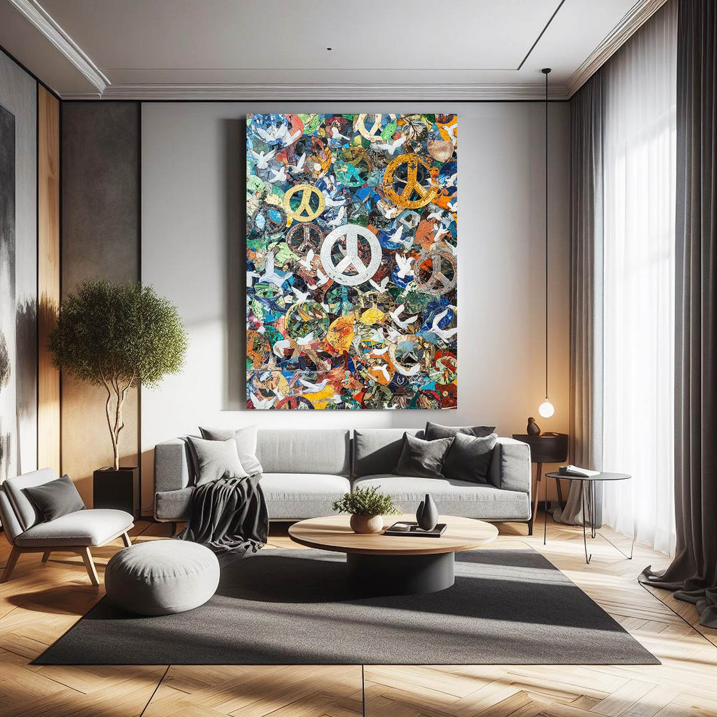 Symbols Of Unity Collage Peace Prints – styled in a furnished interior