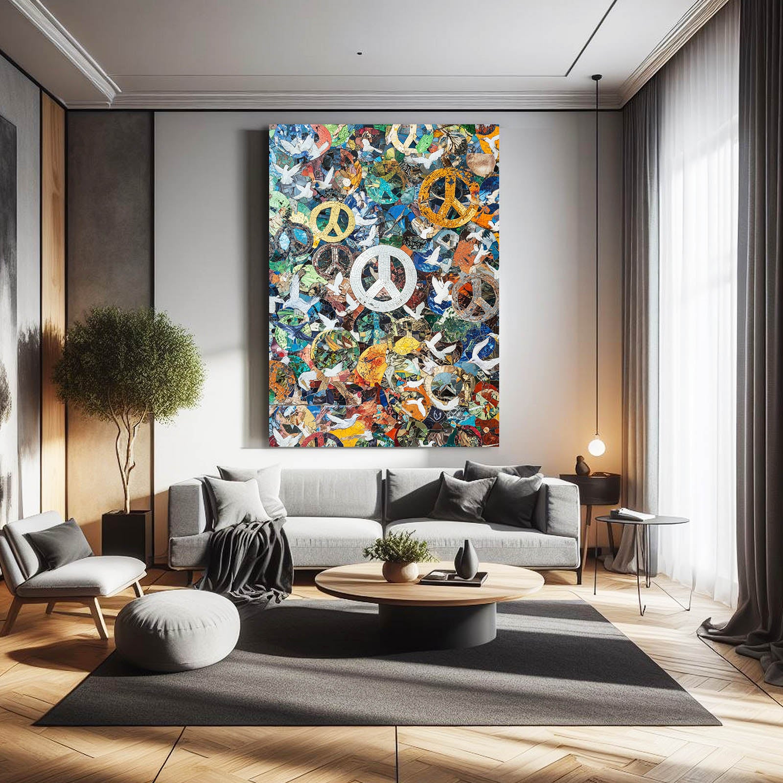 Symbols Of Unity Collage Peace Prints – styled in a furnished interior