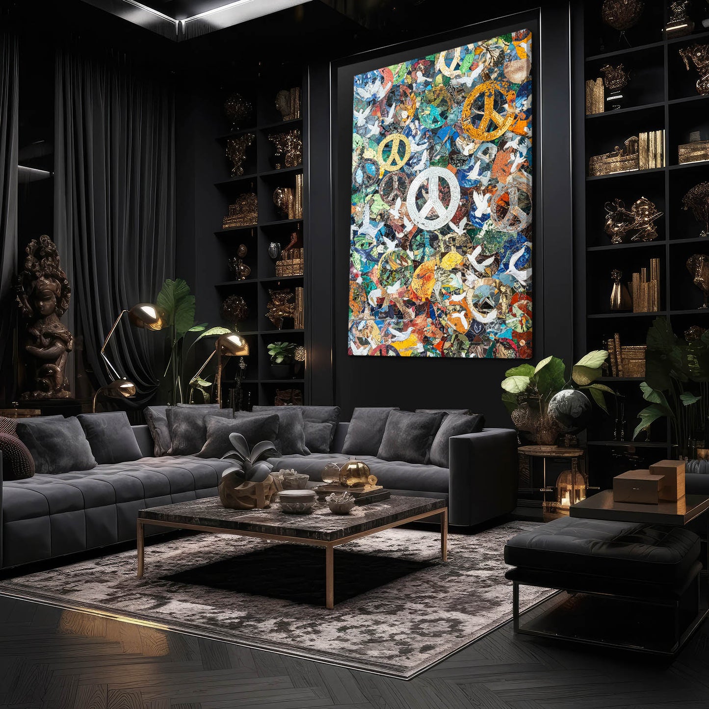 Symbols Of Unity Collage Peace Prints – styled in a furnished interior