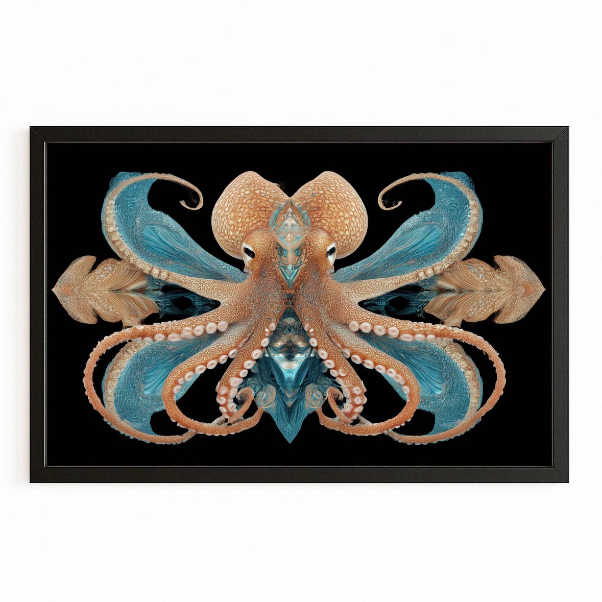 Symmetry Coral Teal Octopus Canvas Art – with Premium Black frame on white background