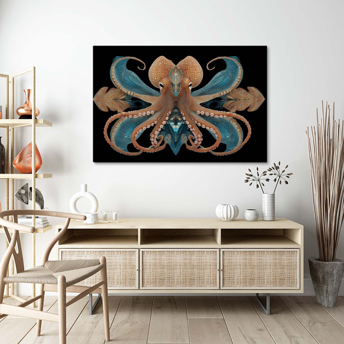 Symmetry Coral Teal Octopus Canvas Art – styled in a furnished interior