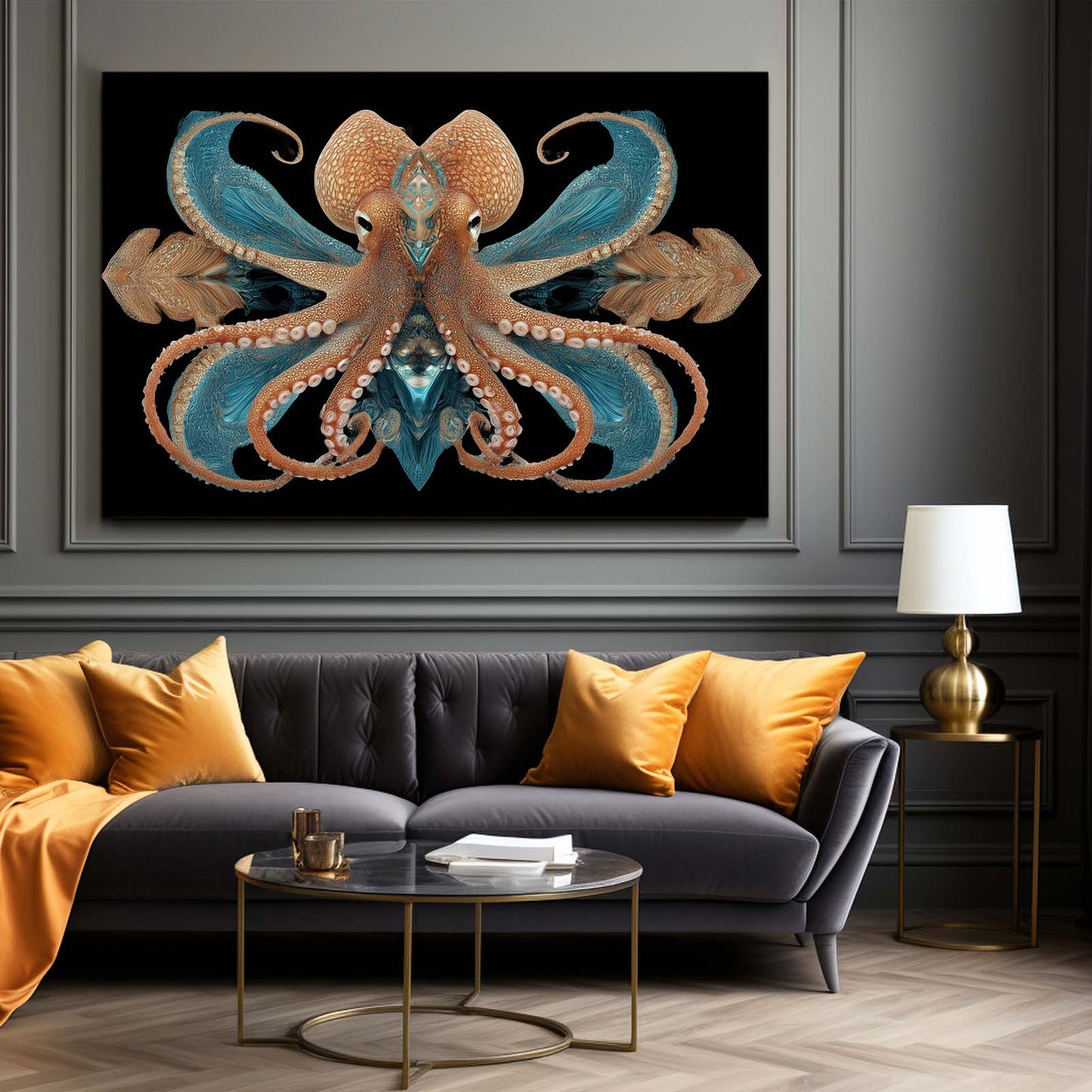 Symmetry Coral Teal Octopus Canvas Art – styled in a furnished interior