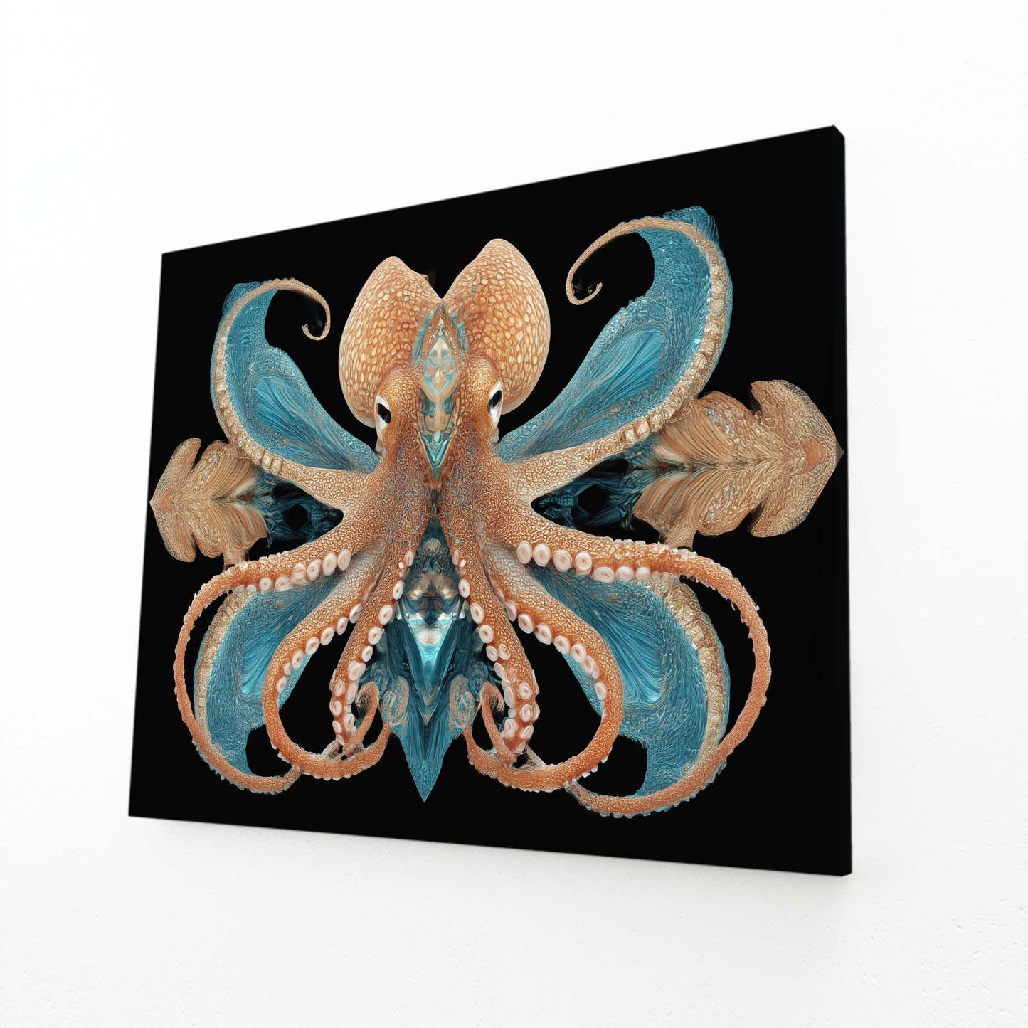 Symmetry Coral Teal Octopus Canvas Art – angled canvas view on white background
