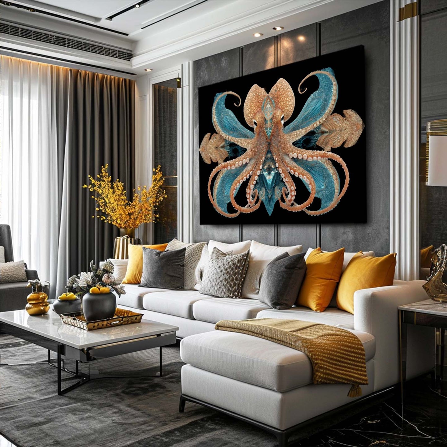 Symmetry Coral Teal Octopus Canvas Art – styled in a furnished interior