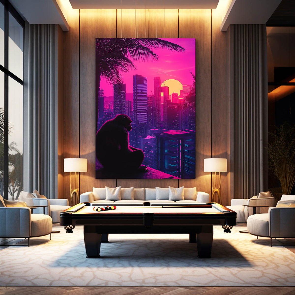 Synthwave Skyline Monkey Canvas — contemporary canvas print, styled in a furnished interior