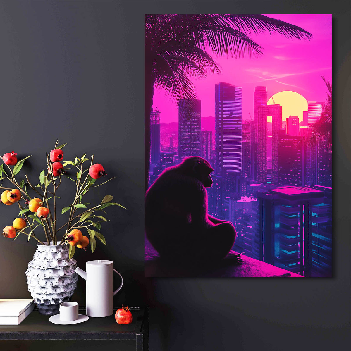 Synthwave Skyline Monkey Canvas — contemporary canvas print, styled in a furnished interior