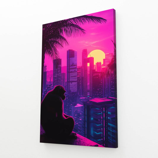 Synthwave Skyline Monkey Canvas – angled canvas view on white background