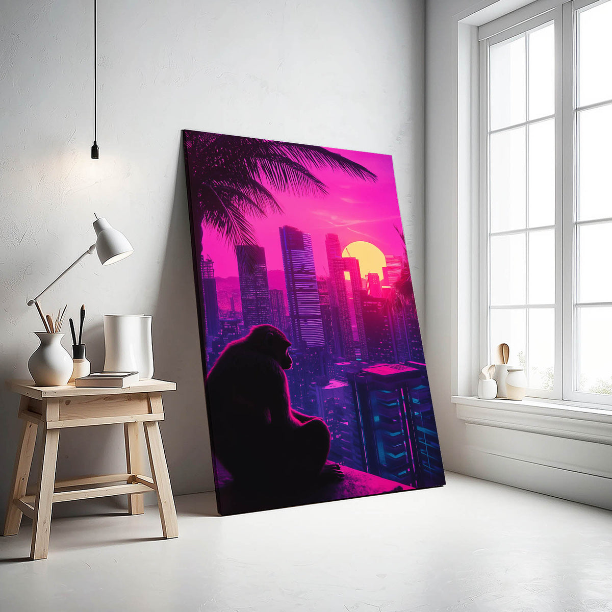 Synthwave Skyline Monkey Canvas — contemporary canvas print, styled in a furnished interior