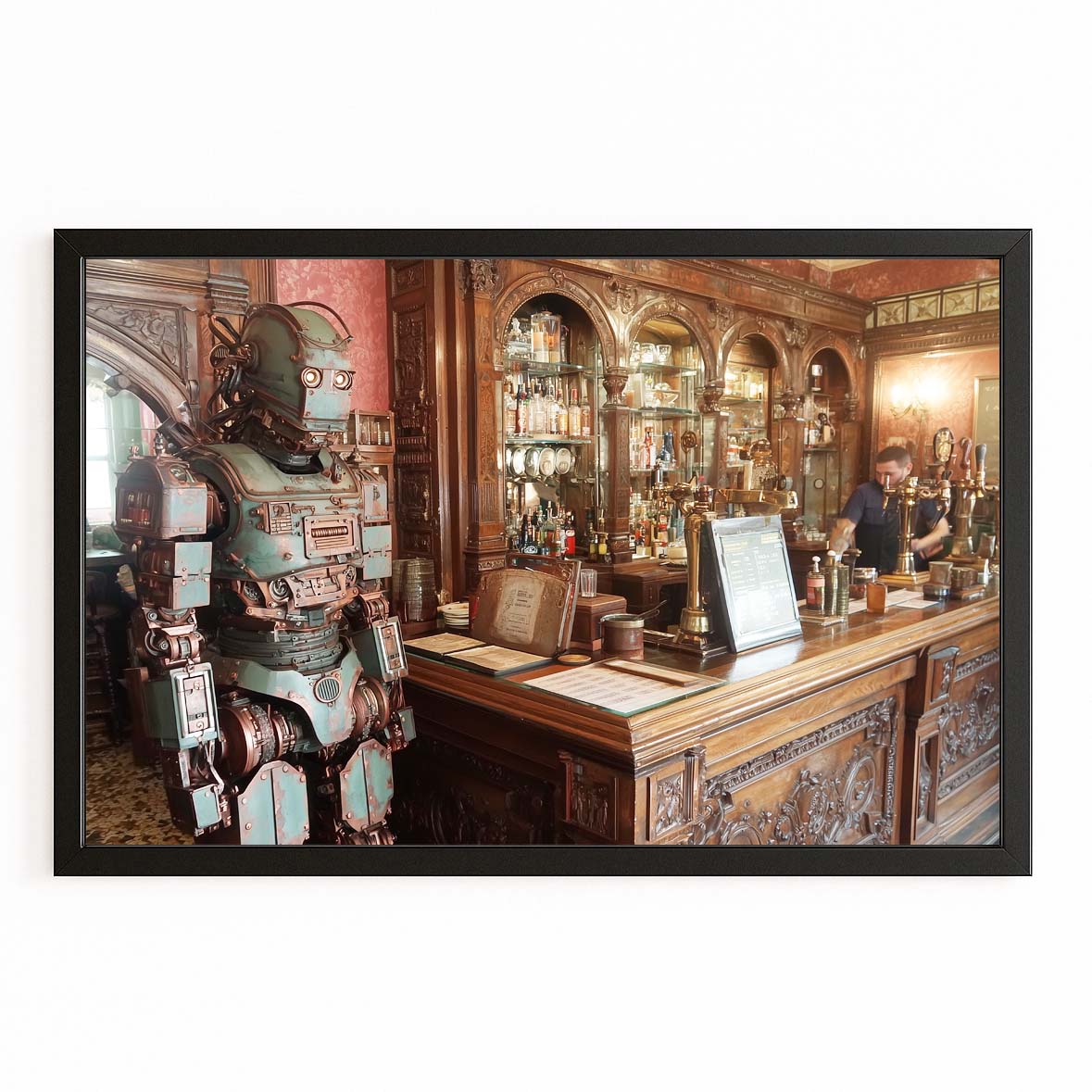 Tavern Knight Automaton Steampunk Wall Decor – with Premium Black frame on white background
