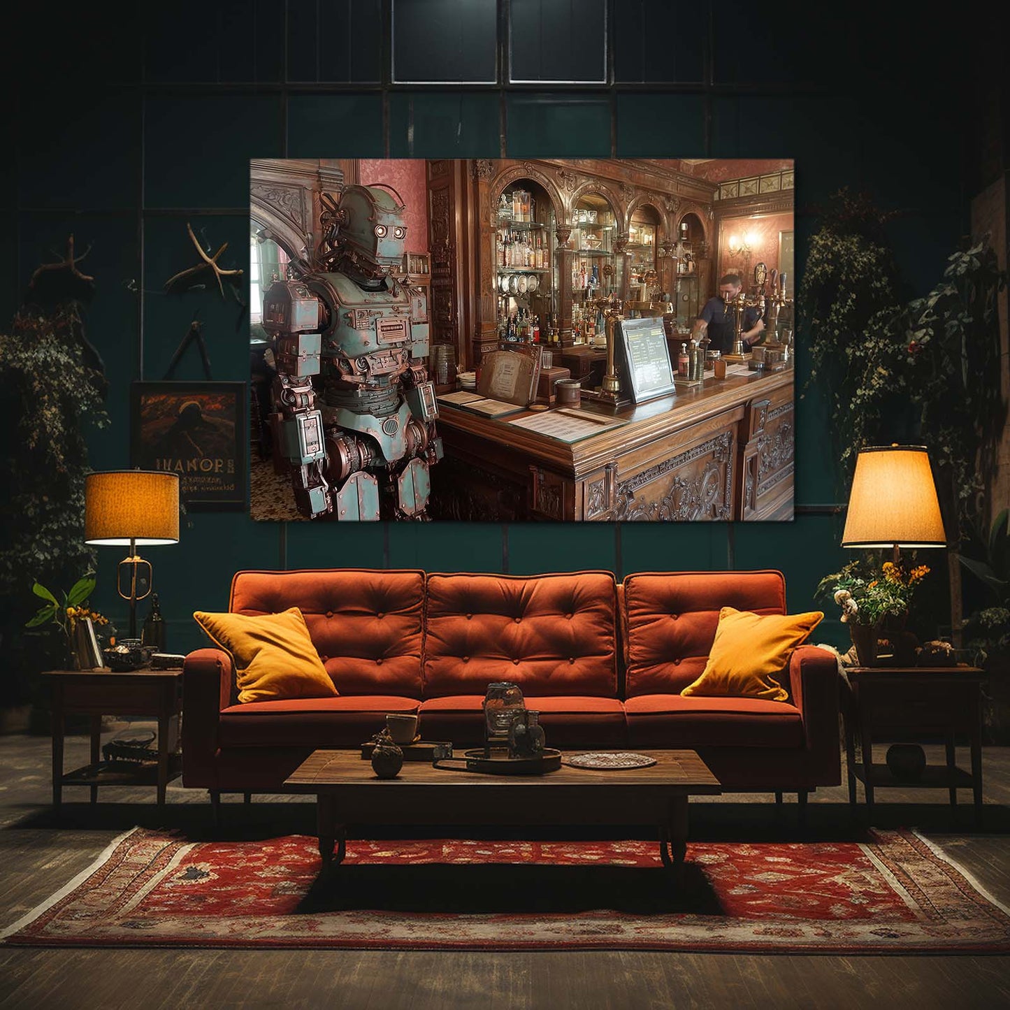 Tavern Knight Automaton Steampunk Wall Decor – styled in a furnished interior