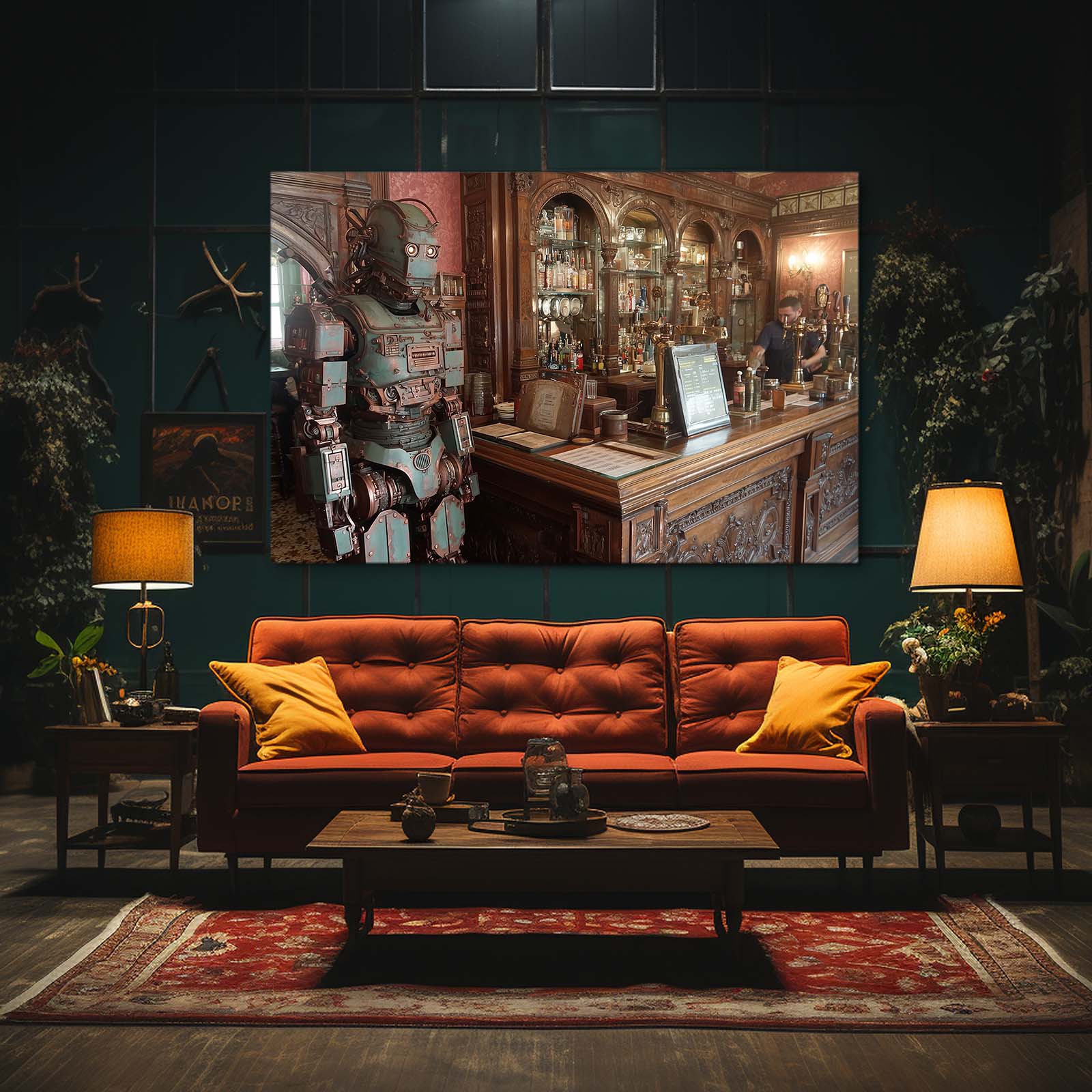 Tavern Knight Automaton Steampunk Wall Decor – styled in a furnished interior