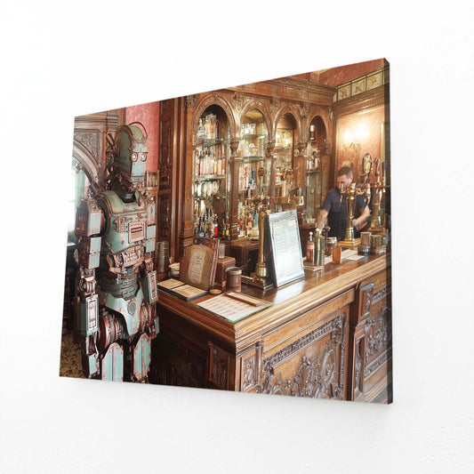 Tavern Knight Automaton Steampunk Wall Decor – angled canvas view on white background
